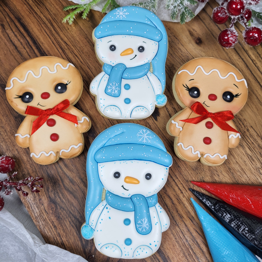 Christmas gingerbread men and snowman royal icing decorated cookies